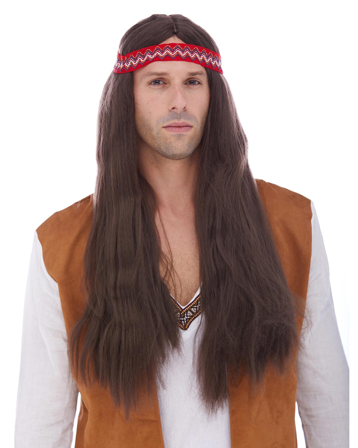 1970s Peace Hippie Wig | Long Brown Beaded Hippie Mens Wig